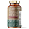 Récipient marron contenant 90 capsules végétaliennes, étiquette avec détails d'utilisation et ingrédients. Les capsules sont visibles à l'intérieur.