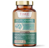 Flacon en verre marron avec couvercle doré, de marque NeuroGuard, contient 90 gélules végétaliennes pour la fonction cognitive.