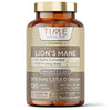 Organic Lion's Mane Ultra Strength caffeine-free dietary supplement in a glass bottle with a gold-colored lid, 120 vegan capsules.