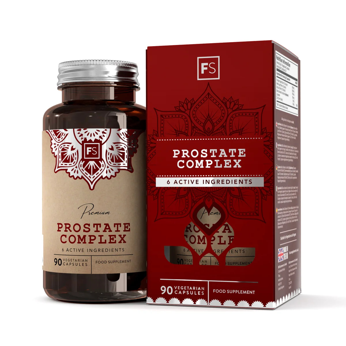Prostate Complex pakket i en brun flaske med papirlabel, viser 90 vegetarkapsler og rød eske med design.