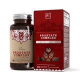 Prostate Complex pakket i en brun flaske med papirlabel, viser 90 vegetarkapsler og rød eske med design.