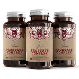 Tres frascos de Prostate Complex, cápsulas vegetales, con una etiqueta clara que muestra el nombre del producto y los ingredientes.
