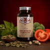 Complemento alimenticio Prostate Complex con 90 cápsulas vegetales, rodeado de semillas de calabaza, hojas de ortiga, brócoli y tomate.