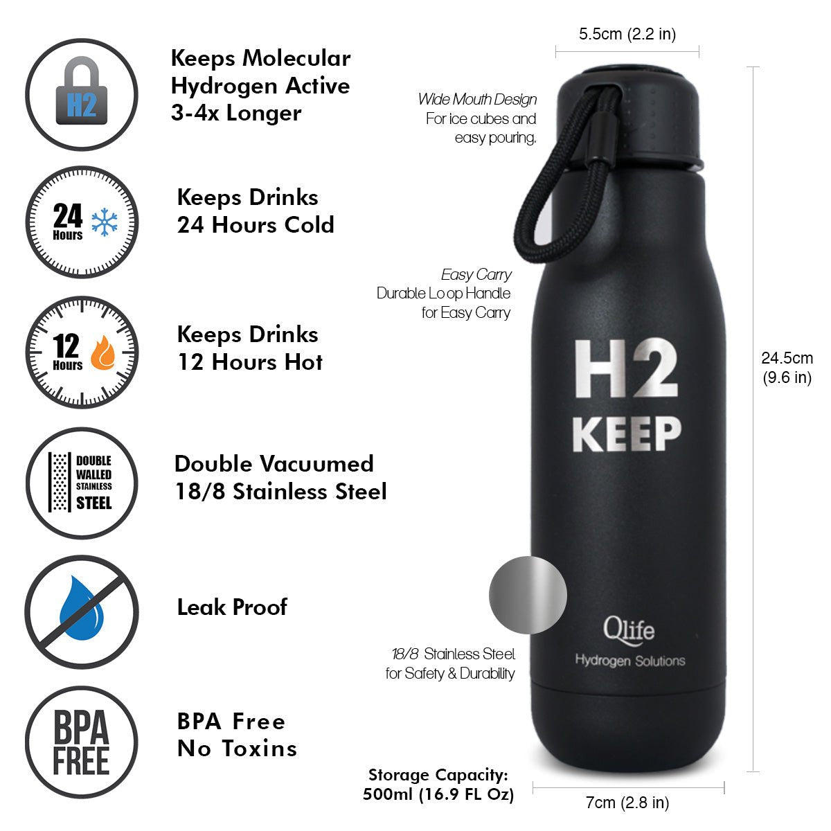 Qlife H2 KEEP Stainless Steel Water Bottle - Uno Vita AS