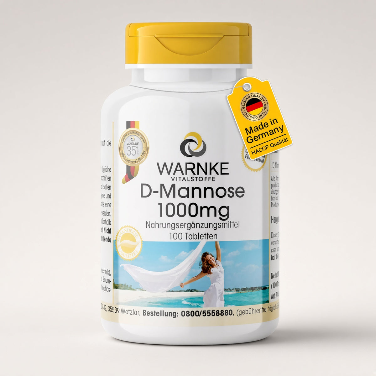 D-Mannose 1000 mg, 100 veganske tabletter i en hvid beholder med gult låg og mærke fra Warnke Vitalstoffe.