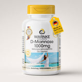 D-Mannose 1000 mg, 100 veganske tabletter i en hvid beholder med gult låg og mærke fra Warnke Vitalstoffe.