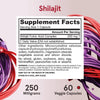 Shilajit Fulvinezuur Complex-capsules in een witte fles met een zwart etiket en beschrijving, op een kleurrijke achtergrond.