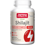 Vegan Shilajit Fulvic Acid Complex, witte capsule gladde fles met rode en groene tekst, 60 vegan capsules.