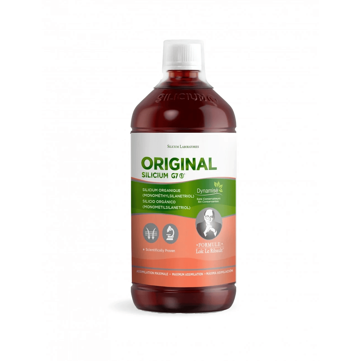 Integratore alimentare liquido Silicium G7 Original in flacone da 1000 ml. Liquido giallo chiaro con misurino. Senza additivi artificiali.