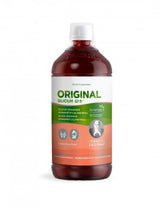 Rød 1000 ml flaske med grønt og hvitt design, inneholder flytende organisk silisiumtilskudd med målebeger.