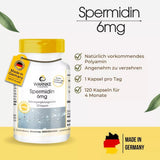 Spermidin 6 mg kapsler med gul kork, merking av tysk kvalitet og plantebasert innhold, 120 kapsler per flaske.