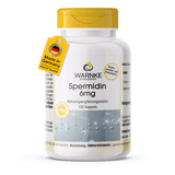 Spermidin 6 mg kosttilskudd i hvit beholder med gul lokk, merket med "Made in Germany" og innhold på 120 kapsler.