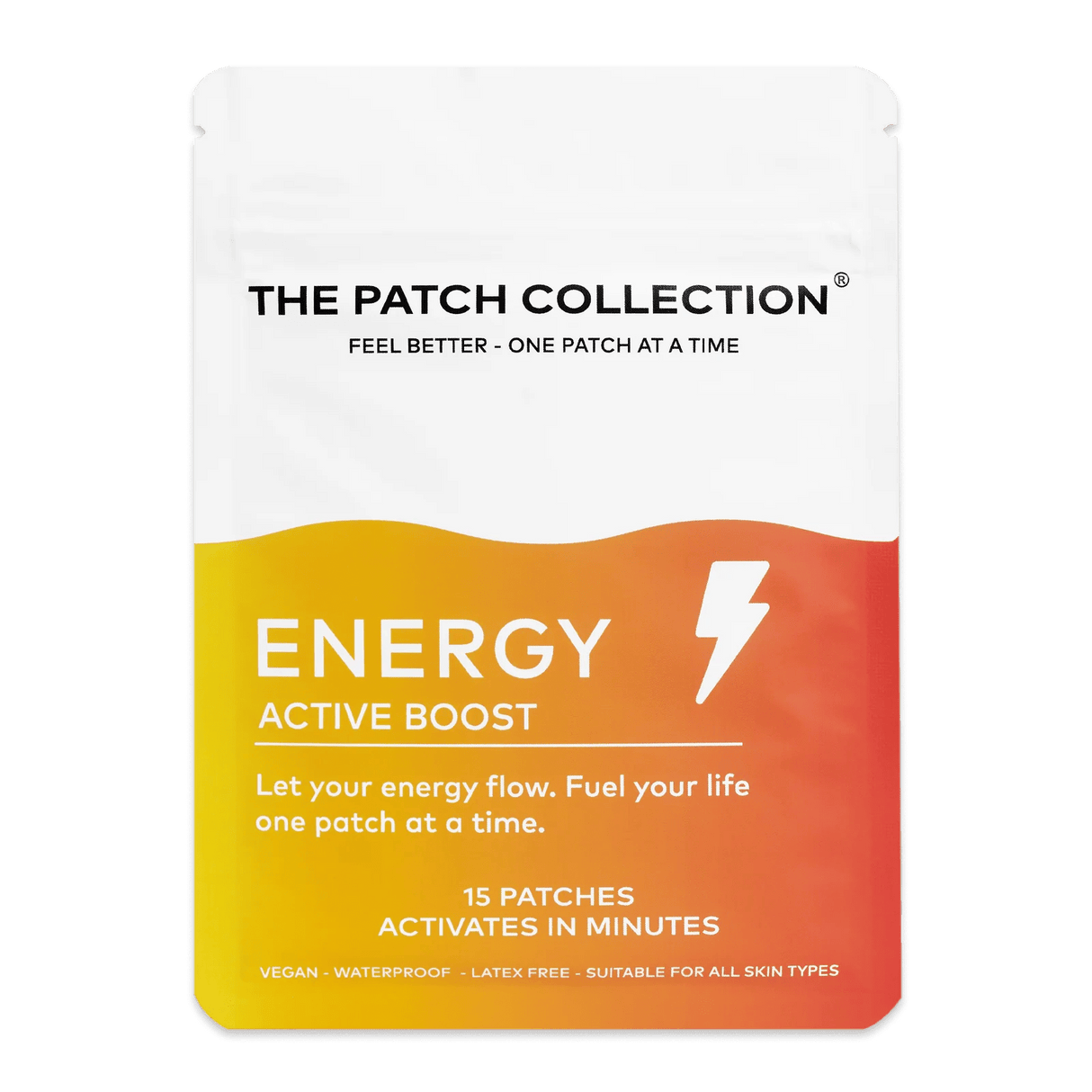 Il pacchetto di cerotti benessere della The Patch Collection in colori vivaci, con il testo "ENERGY ACTIVE BOOST" e 15 cerotti.