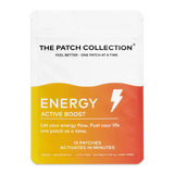 Il pacchetto di cerotti benessere della The Patch Collection in colori vivaci, con il testo "ENERGY ACTIVE BOOST" e 15 cerotti.