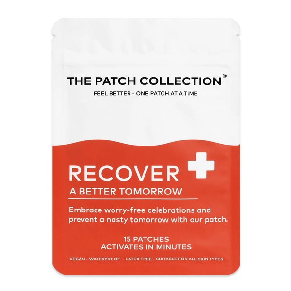 Envase rojo y blanco con el texto "Recover" y "15 tiritas" claramente diseñados, indicando el tipo de producto y sus propiedades.