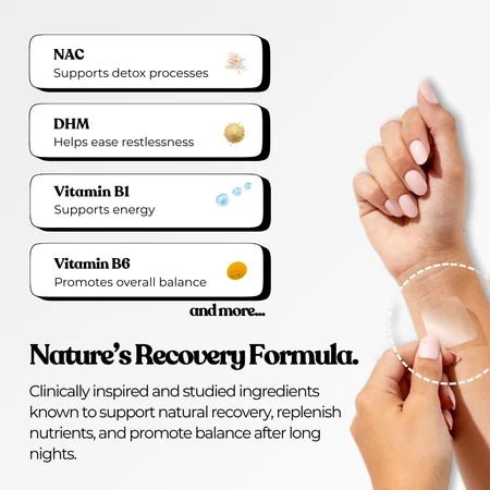 El parche de bienestar Recover Patch, adherido a la muñeca, con una descripción de ingredientes como NAC y vitamina B.
