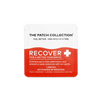 Envase compacto con 15 Recover Patches, diseño blanco y rojo, contiene información sobre veganismo y resistencia al agua.