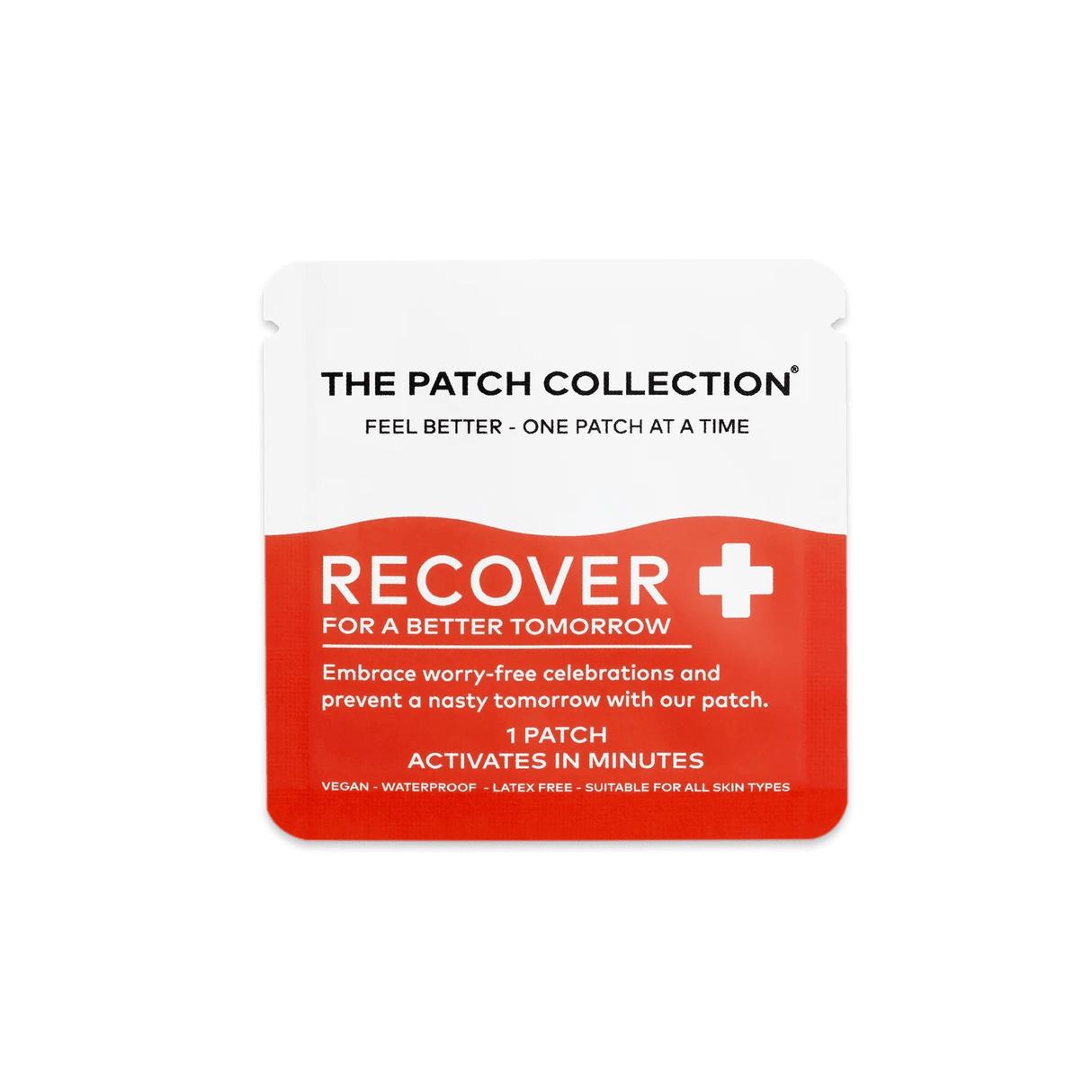Envase compacto con 15 Recover Patches, diseño blanco y rojo, contiene información sobre veganismo y resistencia al agua.