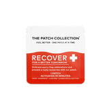 Envase compacto con 15 Recover Patches, diseño blanco y rojo, contiene información sobre veganismo y resistencia al agua.
