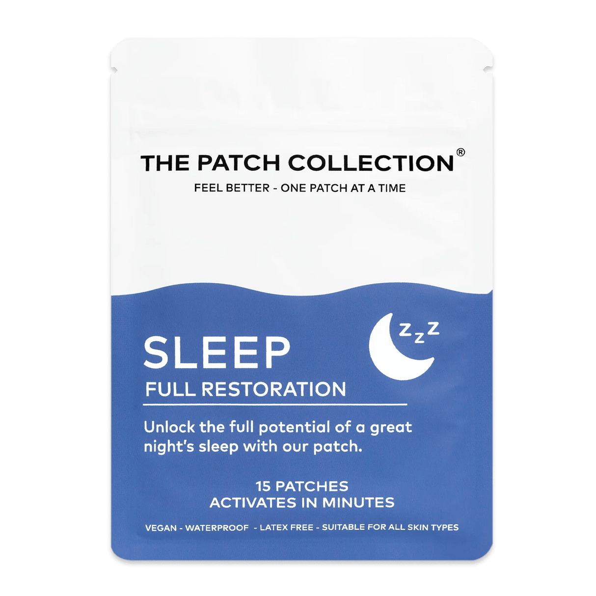 The Patch Collection Slaappleisters, witte en blauwe verpakking met tekst over slaap en 15 pleisters. Waterbestendig en veganistisch.
