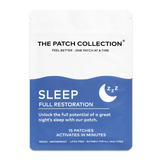 The Patch Collection Slaappleisters, witte en blauwe verpakking met tekst over slaap en 15 pleisters. Waterbestendig en veganistisch.
