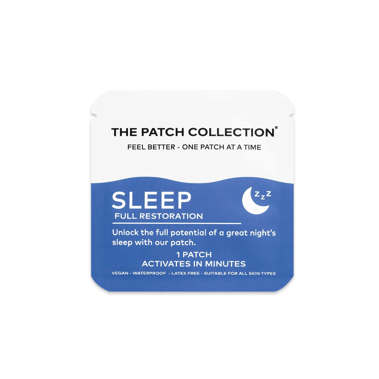 Slaaplapje uit The Patch Collection met blauwe verpakking, gemerkt "SLEEP" en vermelding vegan en latexvrij.