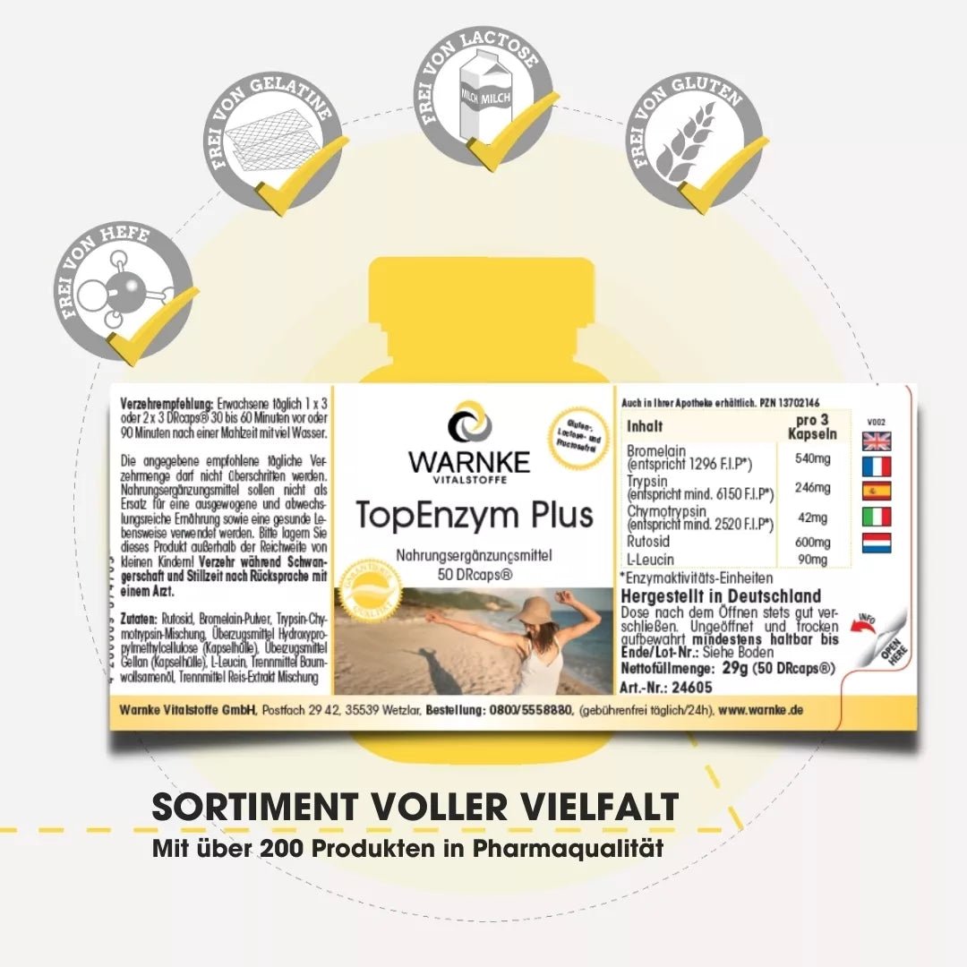 TopEnzym Plus i DRcaps, viser produktets etikett med ingrediens, dosering og kvalitet merket.