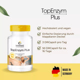 TopEnzym Plus kapsler med gultt lokk, 50 DRcaps med informasjon om dosering og ingredienser bakgrunn.