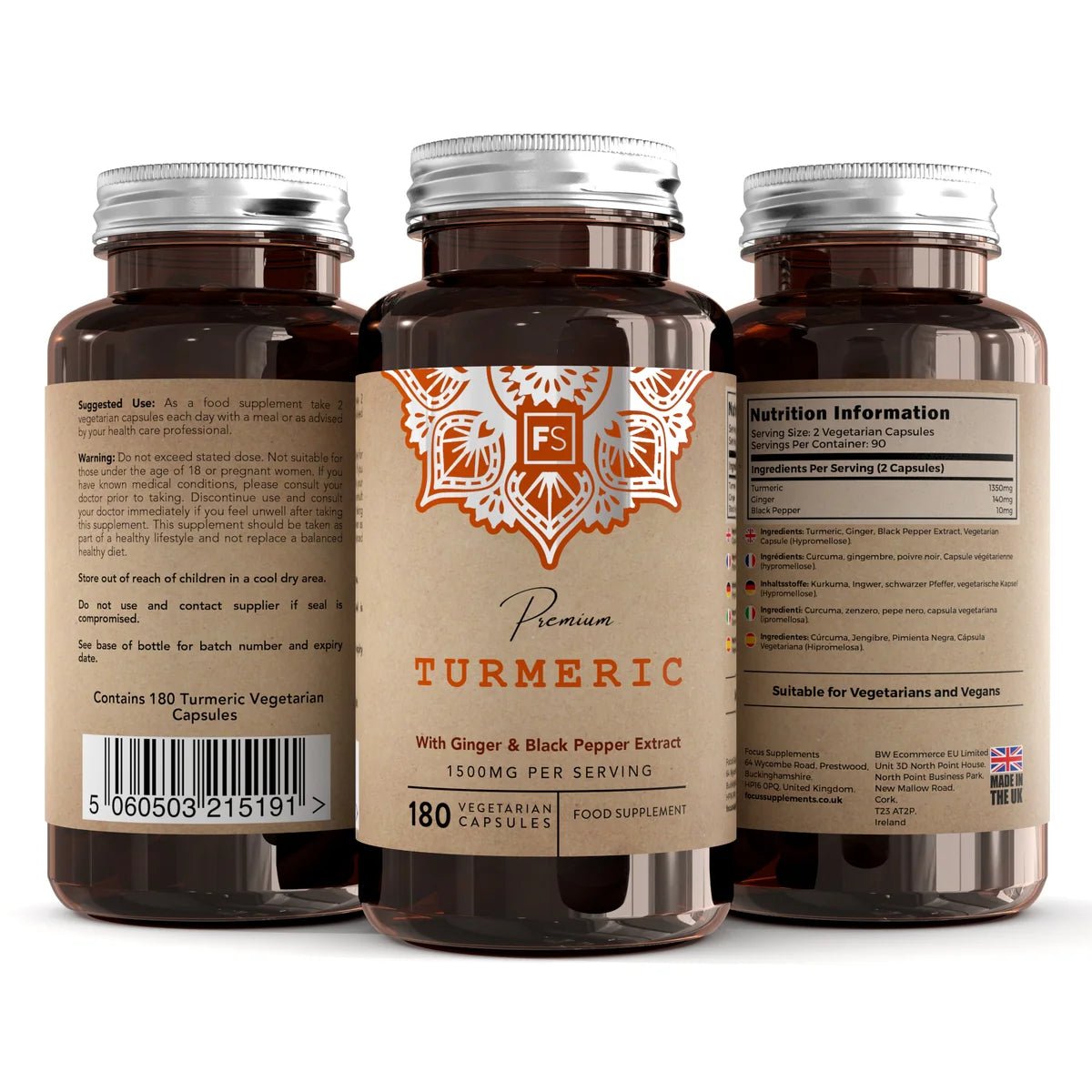 Capsules végétales au curcuma, gingembre et poivre noir, flacon marron avec étiquette, 180 capsules.