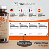 Récipient à capsules pour compléments alimentaires avec étiquette, informations visibles sur le curcuma, le gingembre et le poivre noir.