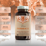 Récipient à capsules avec "Premium Curcuma" de couleurs marron et orange, contenant du gingembre et du poivre noir, 180 capsules végétariennes.