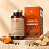 Capsules végétales au curcuma, gingembre et poivre noir dans une bouteille brune avec une étiquette orange.