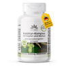 Valerian Complex with hops and lemon balm, white plastic container with 60 vegan capsules and green design.