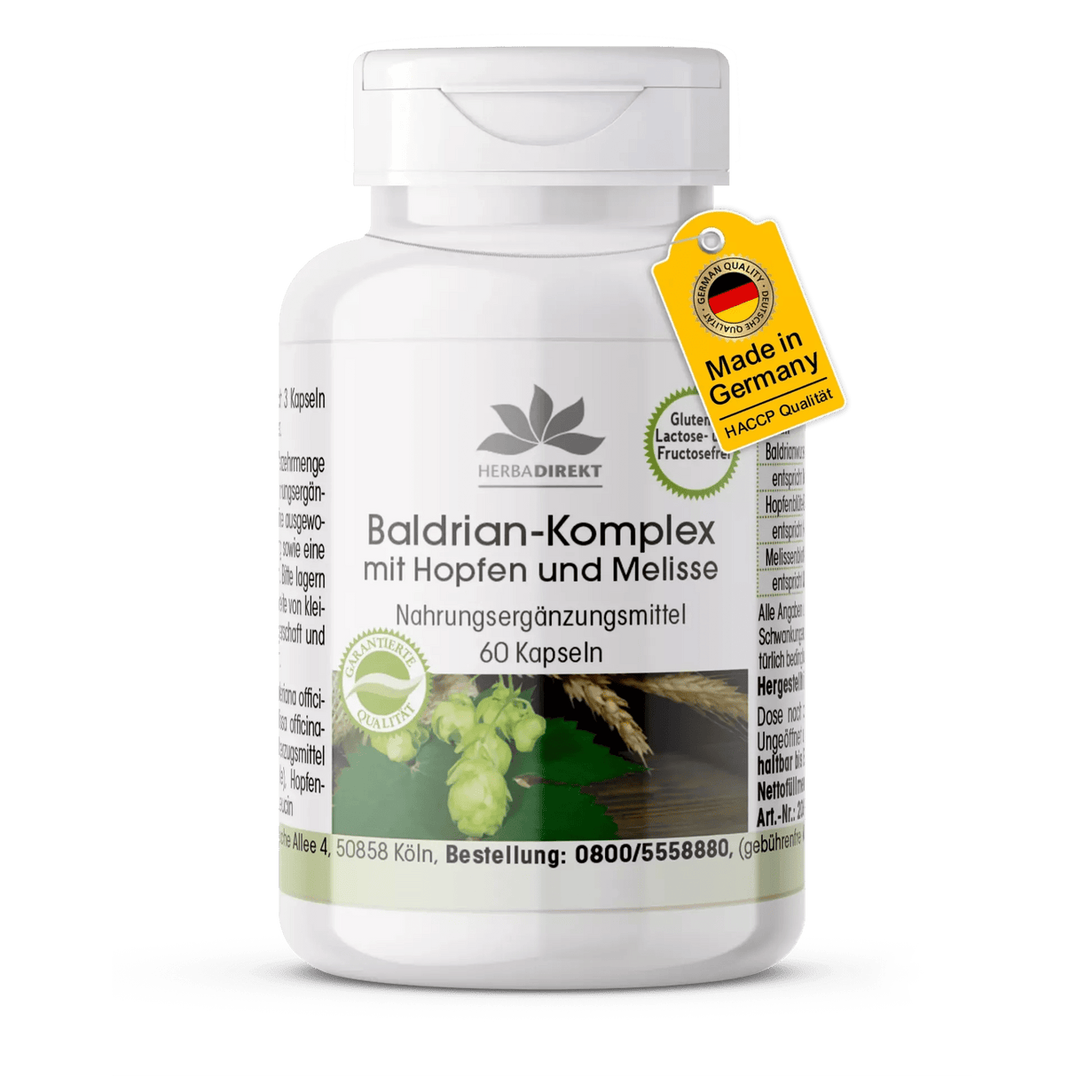 Valerian Complex with hops and lemon balm, white plastic container with 60 vegan capsules and green design.