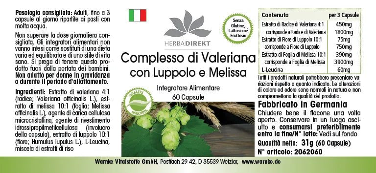 Valerian Complex with hops and lemon balm in a box of 60 easy-to-swallow vegan capsules.